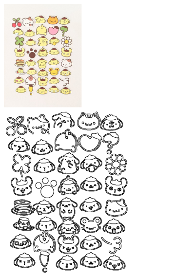 Sheet of cute Pompompurin and animal stickers on a white surface, with various poses, a cat, cherries, and food designs.