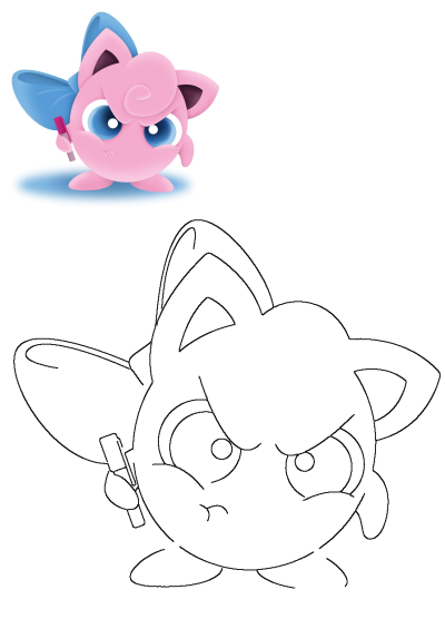 Angry pink Jigglypuff Pokemon with blue ribbons holds a toothbrush, depicted as a colorful illustration and a black outline.
