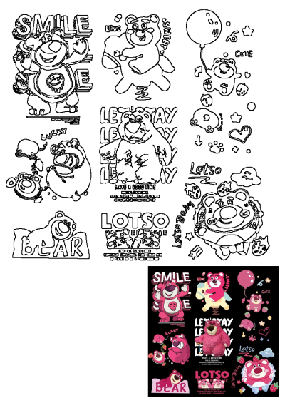 A set of Lotso Teddy Bear stickers on a black background, showcasing various cute poses, expressions, and fun phrases.