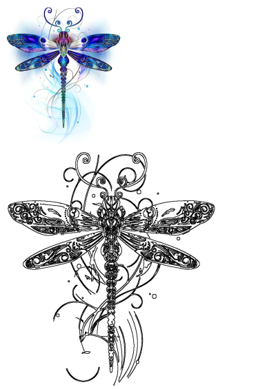 Ornate blue and purple dragonfly illustration with intricate patterns, ethereal glow, and its detailed black line art outline.