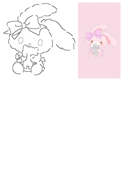 A cute pink cartoon bunny with a bow cuddles a gray kitten on a pink background, presented with its black outline version.