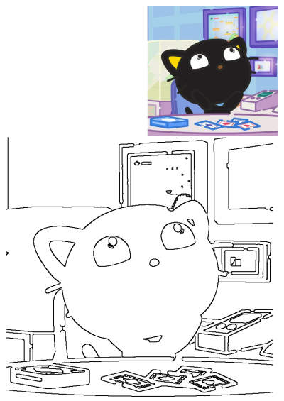 A charming black cartoon cat with yellow ears sits at a table, looking up thoughtfully among scattered playing cards and a blue box.