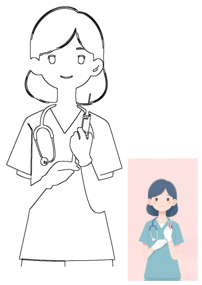 Smiling cartoon nurse in scrubs with a stethoscope holds a syringe for vaccination, promoting health and wellness.