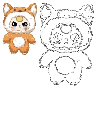 A cute, fluffy orange and white cartoon fox character is crying, shown alongside its black outline drawing for coloring.
