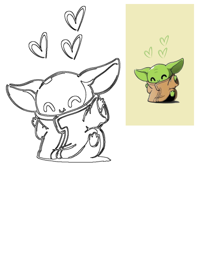 A charming cartoon artwork showcases a cute Baby Yoda with hearts, presented as both a vibrant colored illustration and a clear outline drawing.