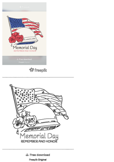 Memorial Day American Flag Helmet Poppies hand-drawn illustration. Patriotic symbols of remembrance and honor for fallen heroes.