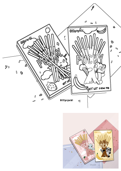 Cute Japanese Pocky snack stickers for Etsy shop business, featuring strawberry and banana flavors with charming characters.