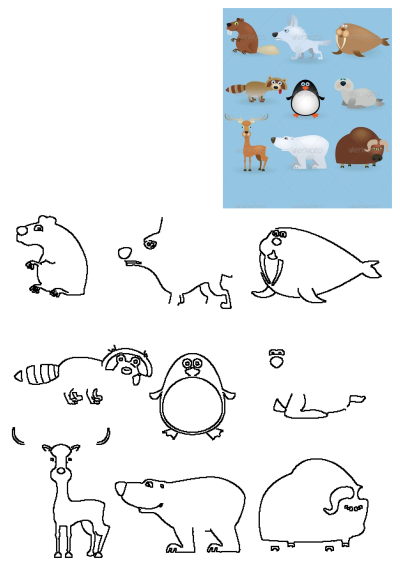 Colorful cartoon wildlife set featuring beaver, wolf, walrus, raccoon, penguin, seal, deer, polar bear, and musk ox, with their outlines.