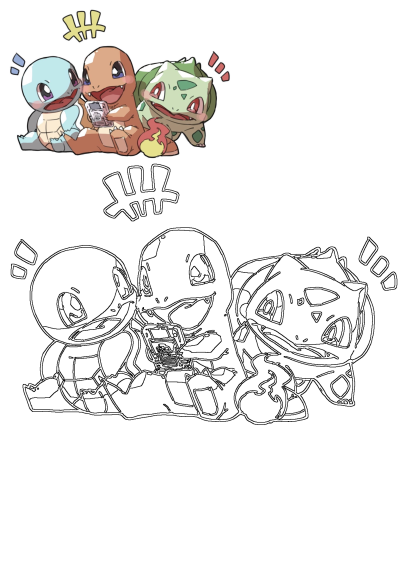 Cute Pokemon starters Squirtle, Charmander, and Bulbasaur playing together, with Charmander on a Game Boy. Includes a coloring page outline.