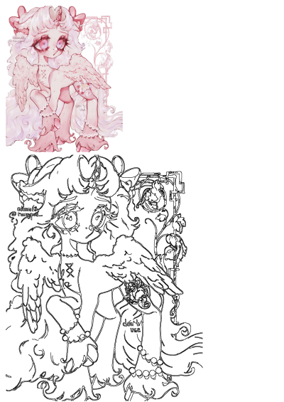 A beautiful pink fantasy winged unicorn illustration featuring dreamy eyes, flowing curly mane, and delicate pearl details in soft pastel colors.