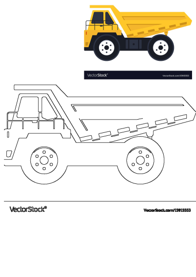 Vibrant yellow dump truck illustration side view. Includes an accompanying black outline drawing on a clean white background.
