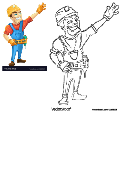 A smiling cartoon construction worker in a yellow hard hat and blue overalls with a tool belt, waving his hand.
