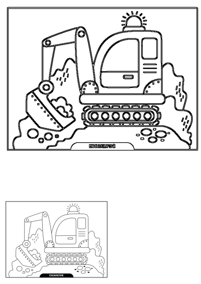 A simple line art illustration of an excavator digging in dirt, designed for kids. Ideal for coloring and learning about construction vehicles.