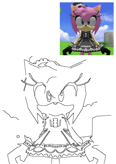 Amy Rose from Sonic the Hedgehog in a maid dress and hat, standing in a green field with a blue sky, paired with a line art outline version.