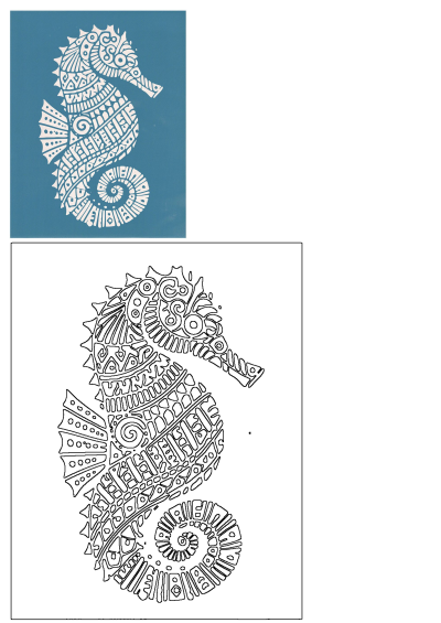 Intricate white seahorse design featuring complex patterns, elegantly set against a blue background, ideal for decorative projects.