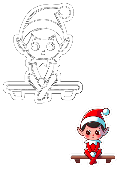 Cute Christmas elf sticker outline and a vibrant colored version, both depicting an elf sitting on a bench.