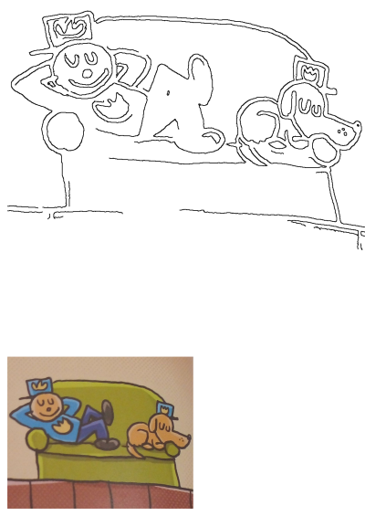 Line art illustration of a person and dog peacefully relaxing on a green couch, depicting a cozy scene of companionship.