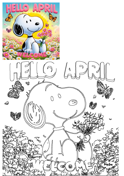 Hello April Snoopy in a vibrant flower field, holding a bouquet of daisies with butterflies fluttering around. A cheerful spring welcome.