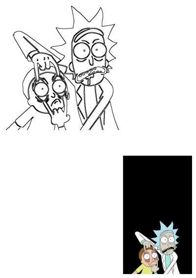 Rick and Morty cartoon featuring Rick holding open Morty's distressed eyes. Outline and colored characters set against a dark background.
