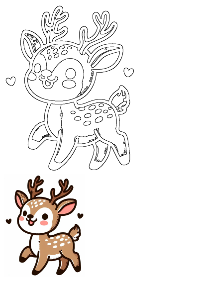 An adorable cartoon baby deer is shown as a happy outline drawing ready for coloring, alongside its vibrant, full-color illustration.