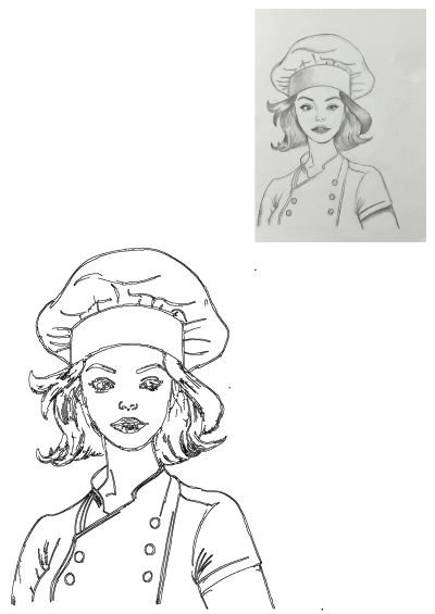 Pretty lady chef woman portrait. This detailed pencil drawing sketch of a baker in uniform is also presented as a clean line art outline.