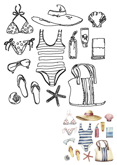 Watercolor illustration of summer beach essentials: swimsuits, hat, sunglasses, flip-flops, sunscreen, book, beach bag, and seashells.