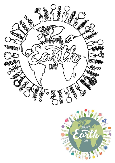 Happy Earth Day Globe Flowers Illustration, showing a detailed black and white outline of the planet surrounded by vibrant floral designs.