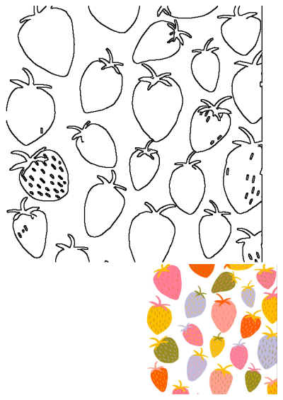 Vibrant seamless pattern of cartoon strawberries in diverse pastel colors. Includes a section of corresponding black outline illustrations.