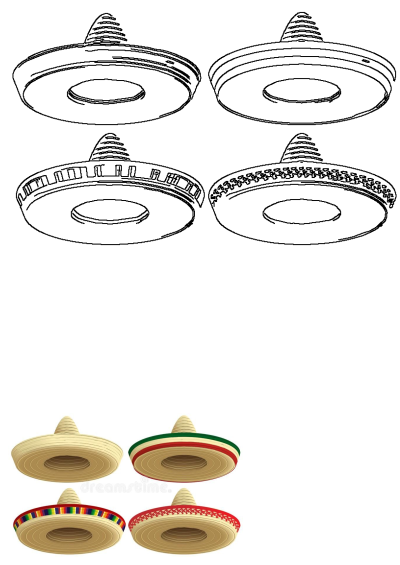 Vector illustration set of traditional Mexican sombreros. Features detailed outlines and colored straw hats with decorative bands.