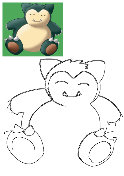 Snorlax Stuffed Animal Cute Pokemon on a green background, with an outline drawing of Snorlax for potential coloring.