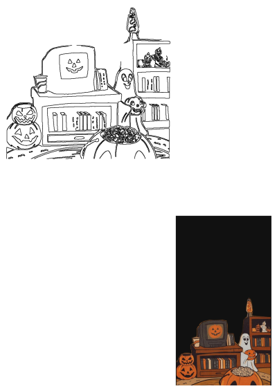 Vintage Halloween illustration with retro TV showing a pumpkin, friendly ghost, and festive decor: pumpkins, popcorn, lava lamp, bookshelves.