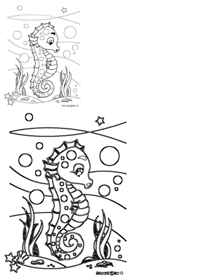 An adorable seahorse floats underwater amidst playful bubbles, ocean plants, and charming starfish.