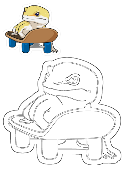 A playful yellow leopard gecko cartoon riding a skateboard, with an accompanying black and white coloring outline.
