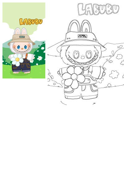 Labubu Character Flower Field Daisies features a charming Labubu character illustration and its corresponding outline drawing amidst daisies.