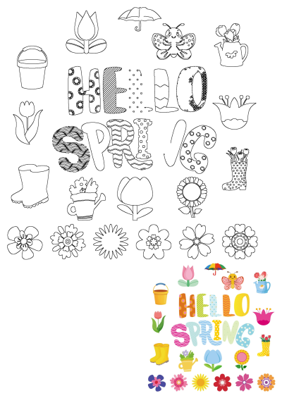 Vibrant 'Hello Spring' graphic featuring tulips, sunflowers, a watering can, rain boots, bucket, umbrella, and a happy butterfly.