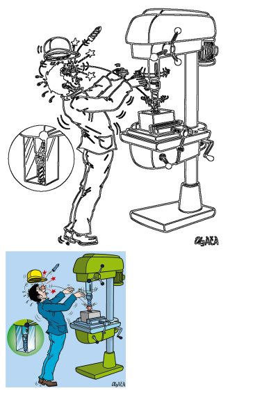 Cartoon depicting an occupational safety health drill press accident: worker's tie caught, drill bit flying at face. Highlights workplace hazards.