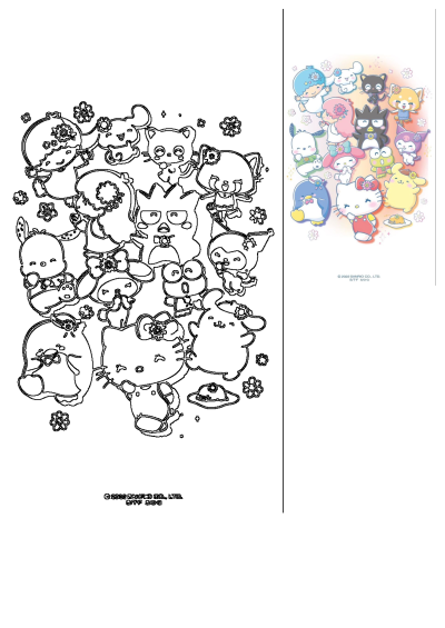 Colorful and outline artwork of popular Sanrio characters like Hello Kitty, My Melody, and Cinnamoroll for a favorite character rankings vote.