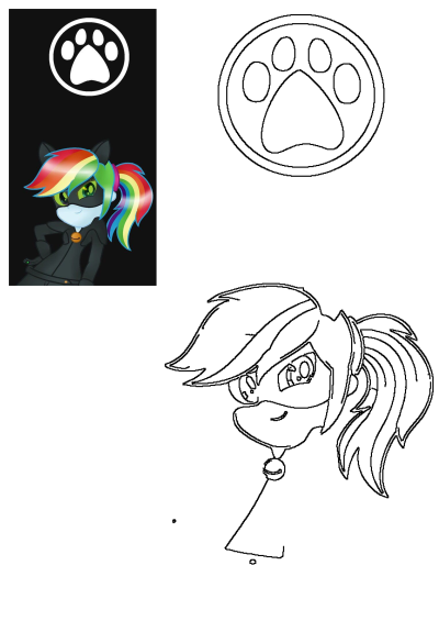 Rainbow Mane Cat Miraculous Ladybug Black Cat Paw; Rainbow Dash as Cat Noir with rainbow hair, black catsuit, and paw print outlines.