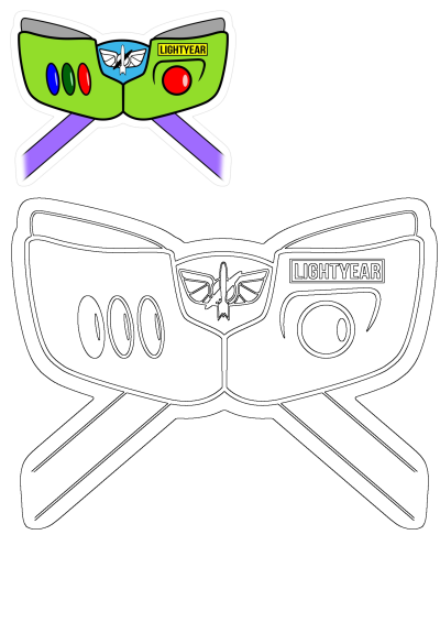 Buzz Lightyear glasses cartoon sticker from Toy Story, featuring green frames, spaceship logo, and 'LIGHTYEAR' text. Includes an outline version.
