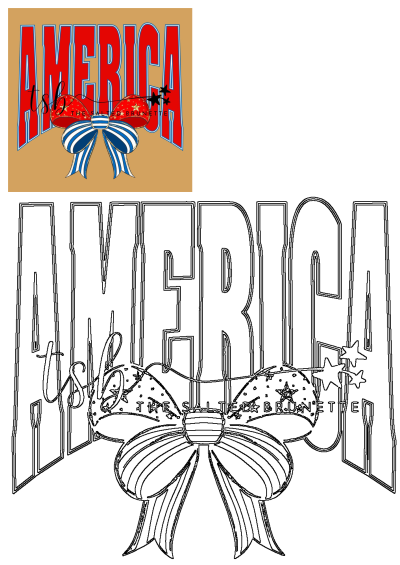 A vibrant American flag bow design featuring bold red 'AMERICA' text, a red star bow, and blue white stripes. Perfect for patriotic themes.