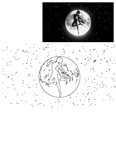 Sailor Moon silhouette against moon in night sky. Includes vibrant image and black and white outline drawing.