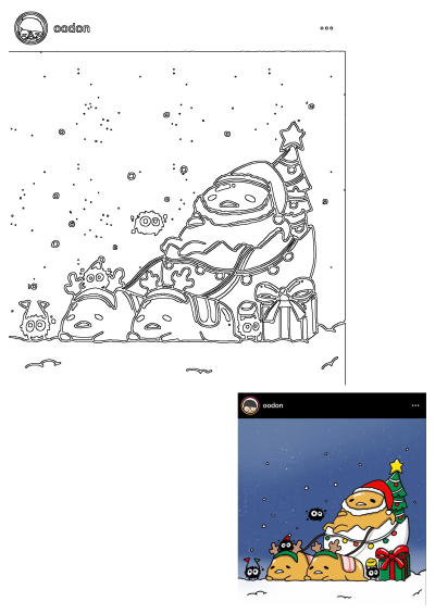 Gudetama Christmas scene line art with Santa in an eggshell sleigh, pulled by Gudetama reindeer, a tree, and gifts.