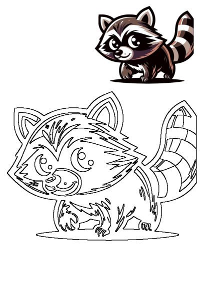 A cute cartoon raccoon stands upright, presented both in vibrant full color and as a black outline for a fun coloring page activity.