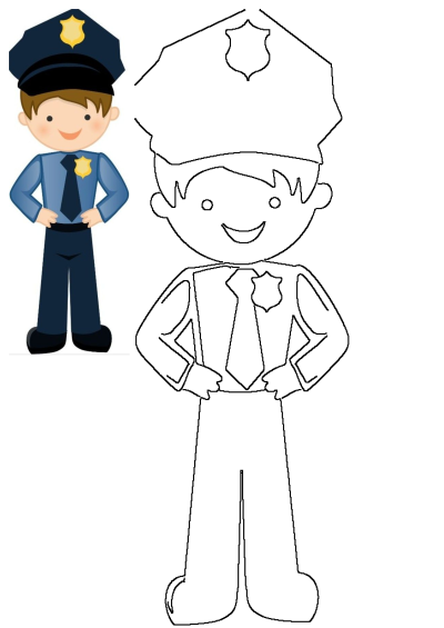 Smiling cartoon police officer in blue uniform with cap and badge, standing hands on hips. Perfect for kids, includes outline for coloring.