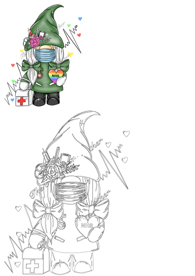 Green nurse gnome wearing a mask, adorned with medical supplies and holding a rainbow NHS heart. Features a first aid bag and ECG pulse line.