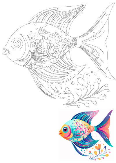 A vibrant whimsical fish with bubbles and ocean plants, accompanied by its black outline art for coloring.