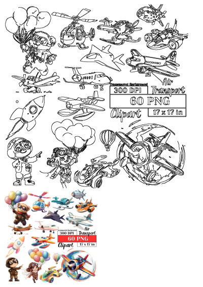 Vibrant collection of cute cartoon airplanes, balloons, helicopters, rockets, and pilot characters for children's transport themes.