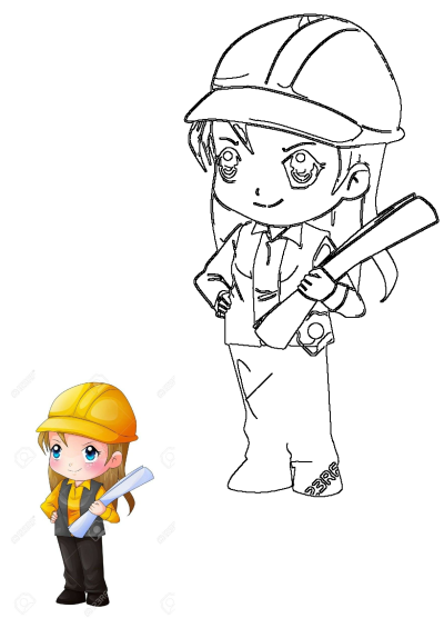 A cartoon engineer woman is depicted wearing a safety helmet and holding a blueprint, presented in a cute chibi art style.