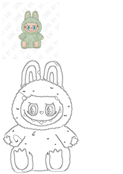 Cute cartoon bunny character in fluffy green clothes with striking blue eyes, presented alongside a black and white outline.