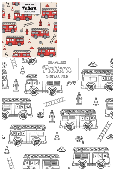 Seamless pattern featuring red firetrucks with ladders, fire hydrants, traffic cones, and firefighter helmets on a light background.